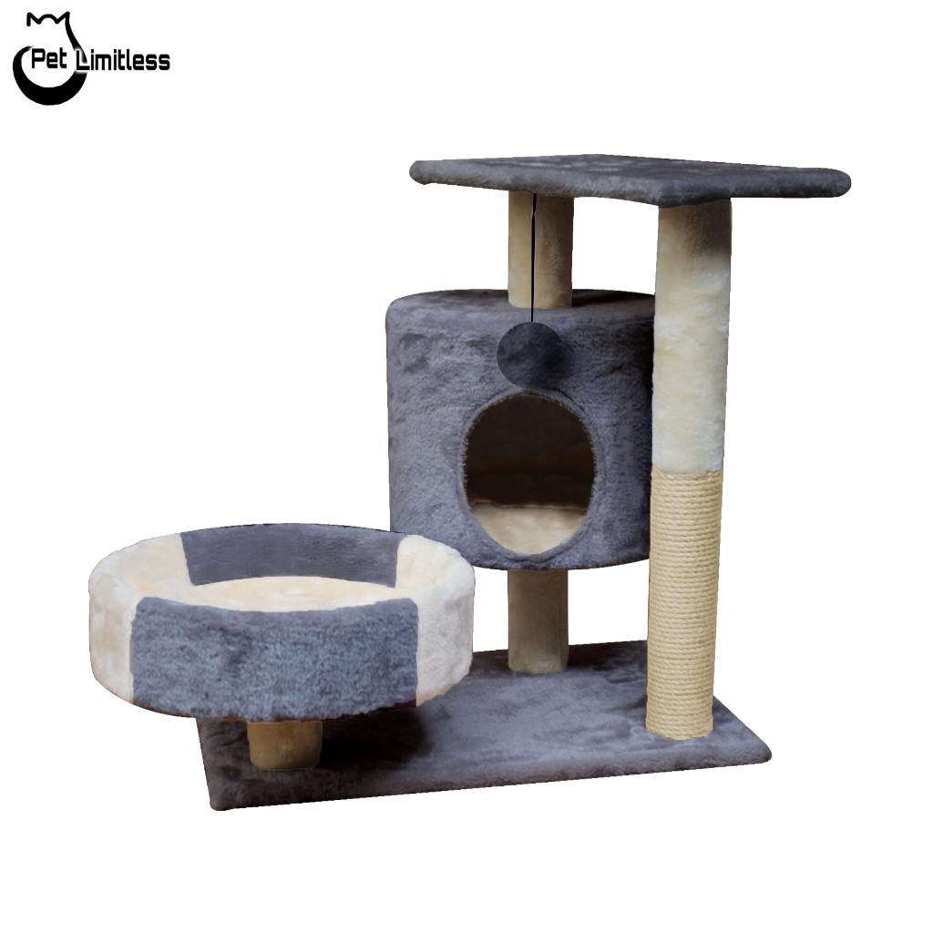 Cattree LUHI nhà cây cho mèo xinh xắn kết hợp trụ cào móng có khay tròn và đệm nằm êm ái màu xám kem-nâu kem CT00006