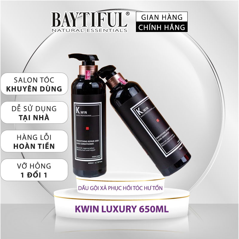 Dầu gội cặp phục hồi tóc hư tổn khô xơ Kwin lux smoothing repair and loss 650ml, combo dưỡng tóc, chống gãy rụng dầu gàu