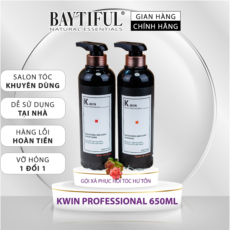 Dầu gội xả phục hồi tóc hư tổn chuyên sâu K.win smoothing and Shiny 650ml combo siêu mềm mượt, tóc khô xơ uốn nhuộm duỗi