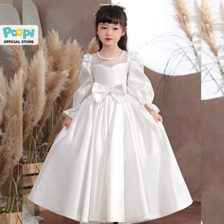 Váy Công Chúa Poopi Màu Trắng Dài Tay Đính Nơ Xinh, Đầm Cho Bé Gái Đi Chơi Đi Tiệc