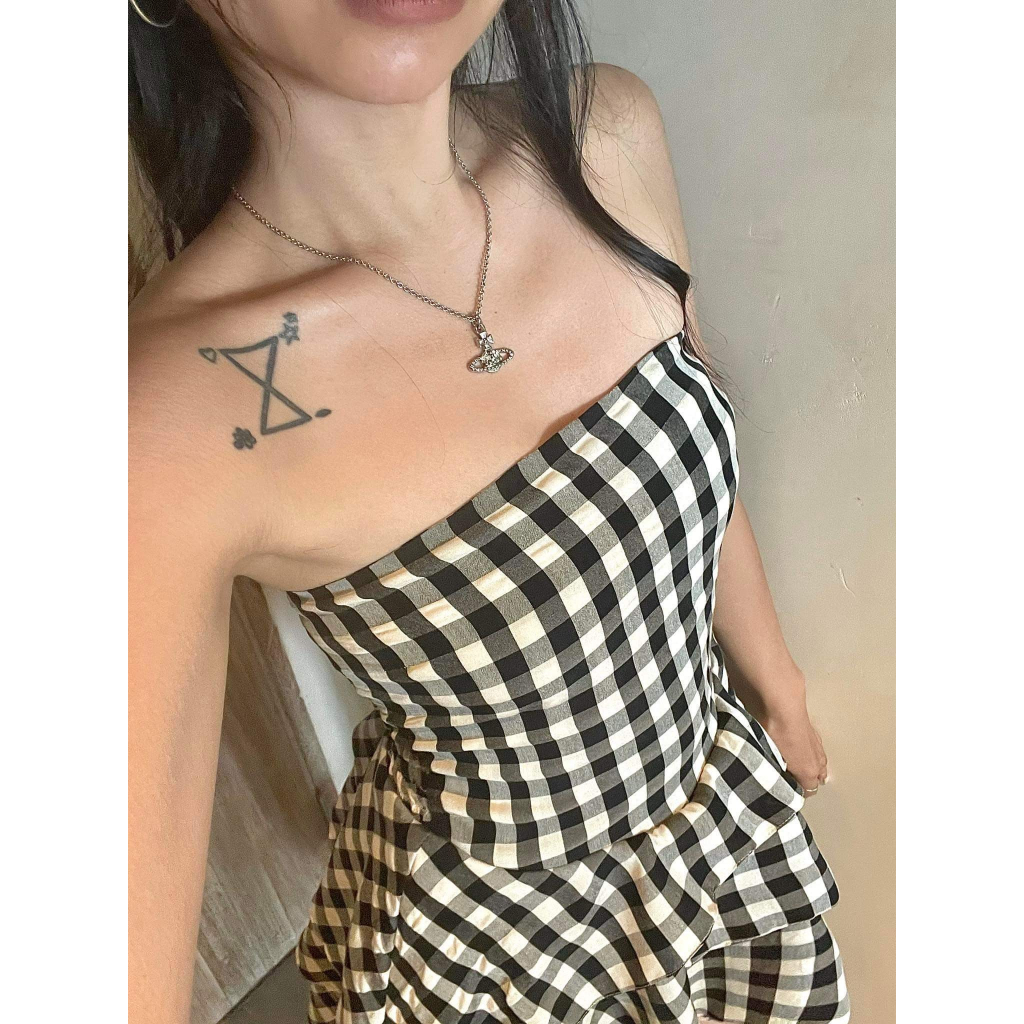 LEMONCHIC - Đầm caro cúp ngực tua rua - D252