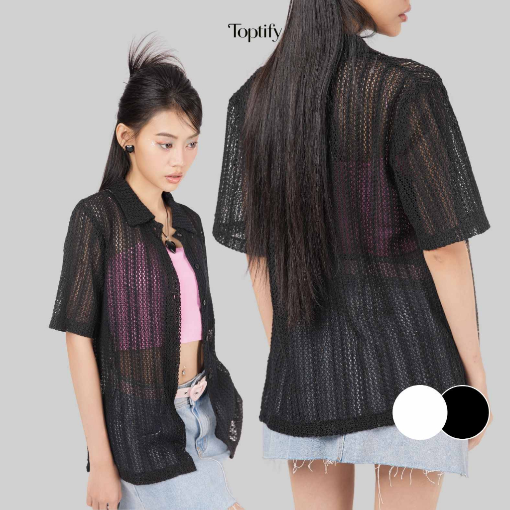 Áo khoác nữ TOPTIFY tay ngắn vải lưới đan Ren Shirt AC96
