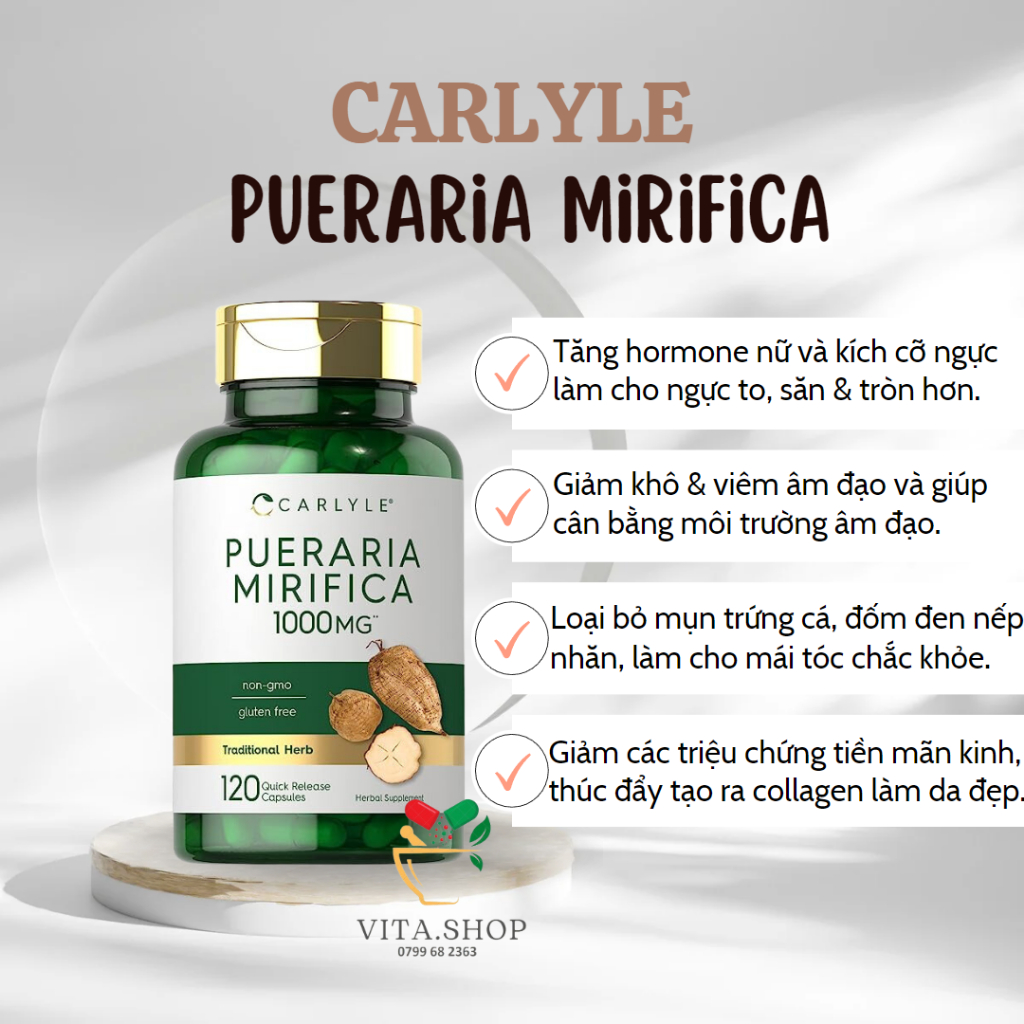 Carlyle Pueraria Mirifica 1000mg - Viên uống sâm tố nữ giúp tăng kích cỡ ngực, hormone nữ 120 viên