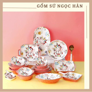 Bộ Bát Đĩa Gốm Sứ Decor Ngựa Hồng Pony Dễ Thương, Bát ăn cơm, chén đĩa sứ cao cấp