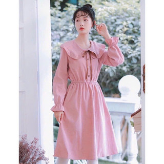 Đầm babydoll hồng cổ bèo tay dài
