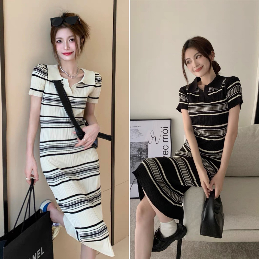 Váy Len Body Nữ CHIPXINHXK Cổ Bẻ Họa tiết Kẻ Ngang HotTrend Tôn dáng phong cách Hàn Quốc - SCTV76