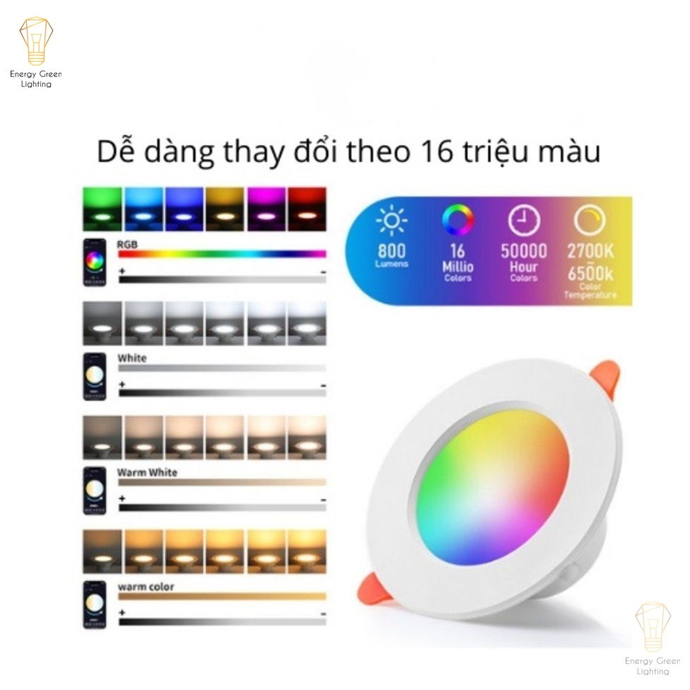 Đèn LED Downlight Âm Trần Energy Green Lighting DL-607 - Điều Khiển Qua APP Điện Thoại TUYA , Bluetooth - 16 Triệu Màu