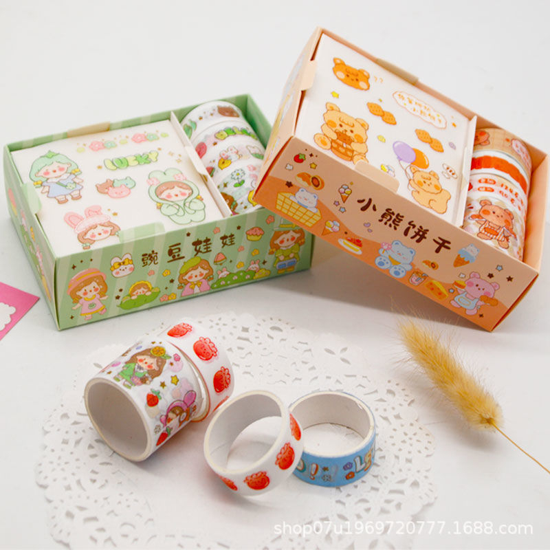 Hộp 8 món băng keo hoạt hình Washi tape + sticker dán trang trí