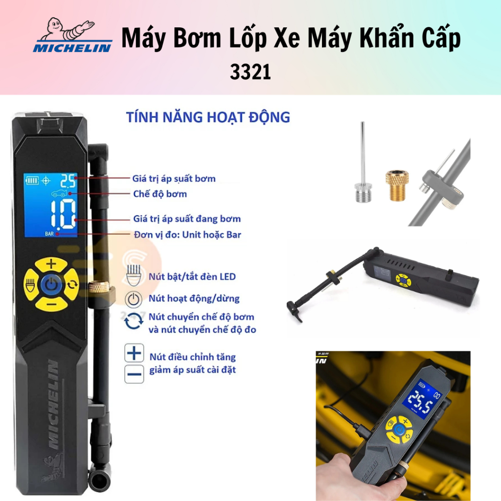 Máy bơm lốp xe mô tô, xe máy khẩn cấp Michelin 12320 - 100% chính hãng