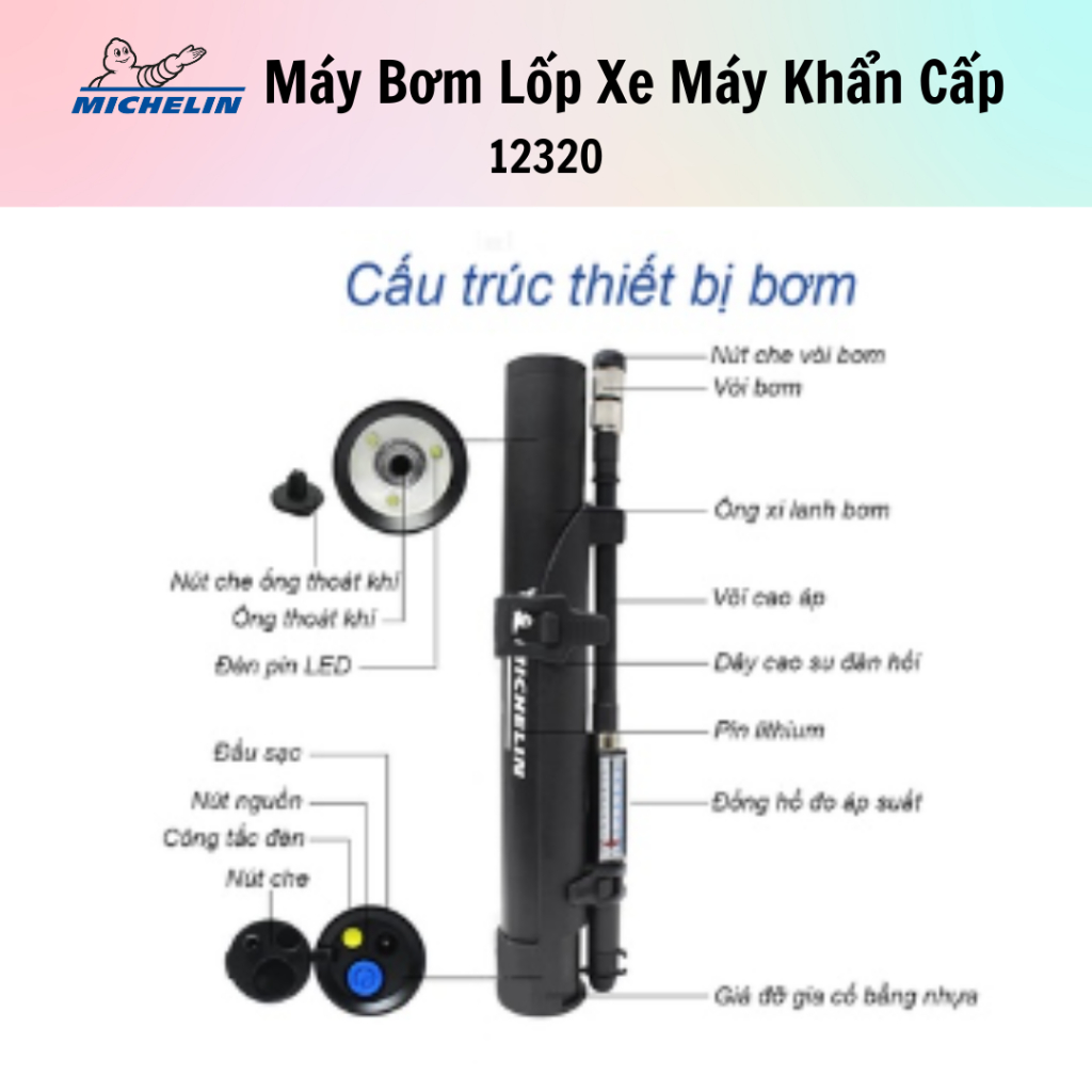 Máy bơm lốp xe mô tô, xe máy khẩn cấp Michelin 12320 - 100% chính hãng