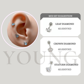 Khuyên xỏ đính đá vương miệng, đá sao thổ, đá 3 lá bằng thép ý tế không han gỉ