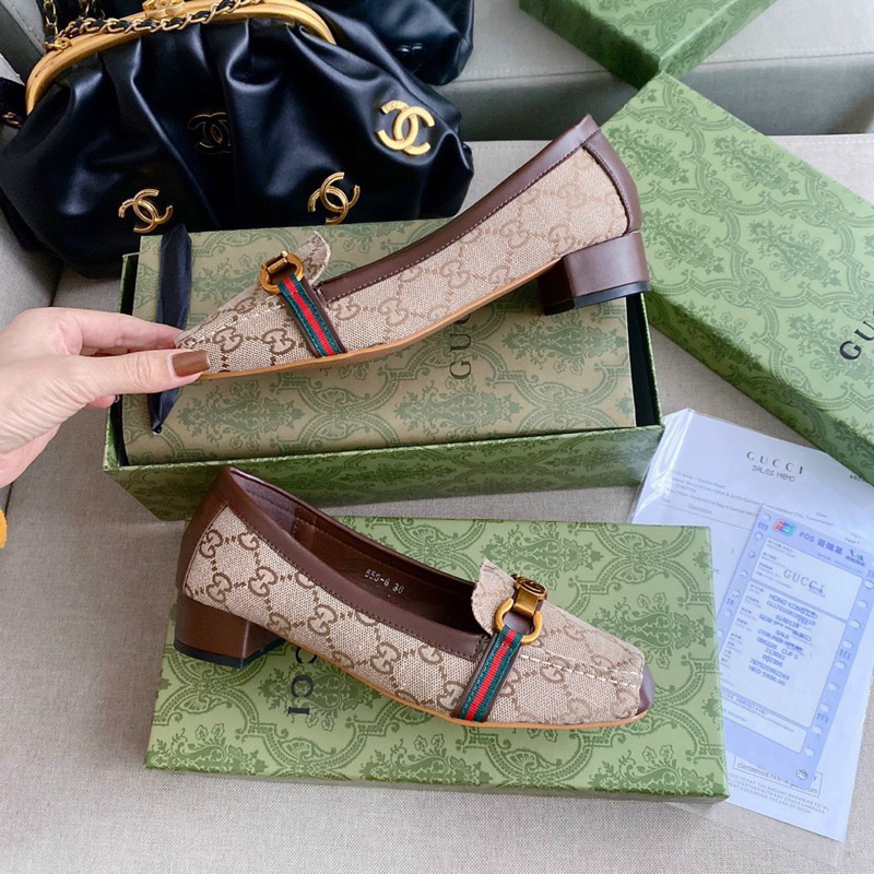 Giày búp bê gót 3cm_Giày moca guci hoạ tiết khoá ngang _ Giày búp bê  mũi vuông hàng QC đầy đủ hộp ,bill, túi xách giấy