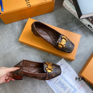 Giày búp bê lv chần chỉ mũi vuông gót 3cm, giày bệt da mềm lót êm phong cách hót quảng châu cao cấp fullbox