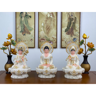 Bộ tượng tam thánh phật, 3 ngài tam thánh di đà, quan âm, đại đế chí màu nâu chất liệu đá cao cấp