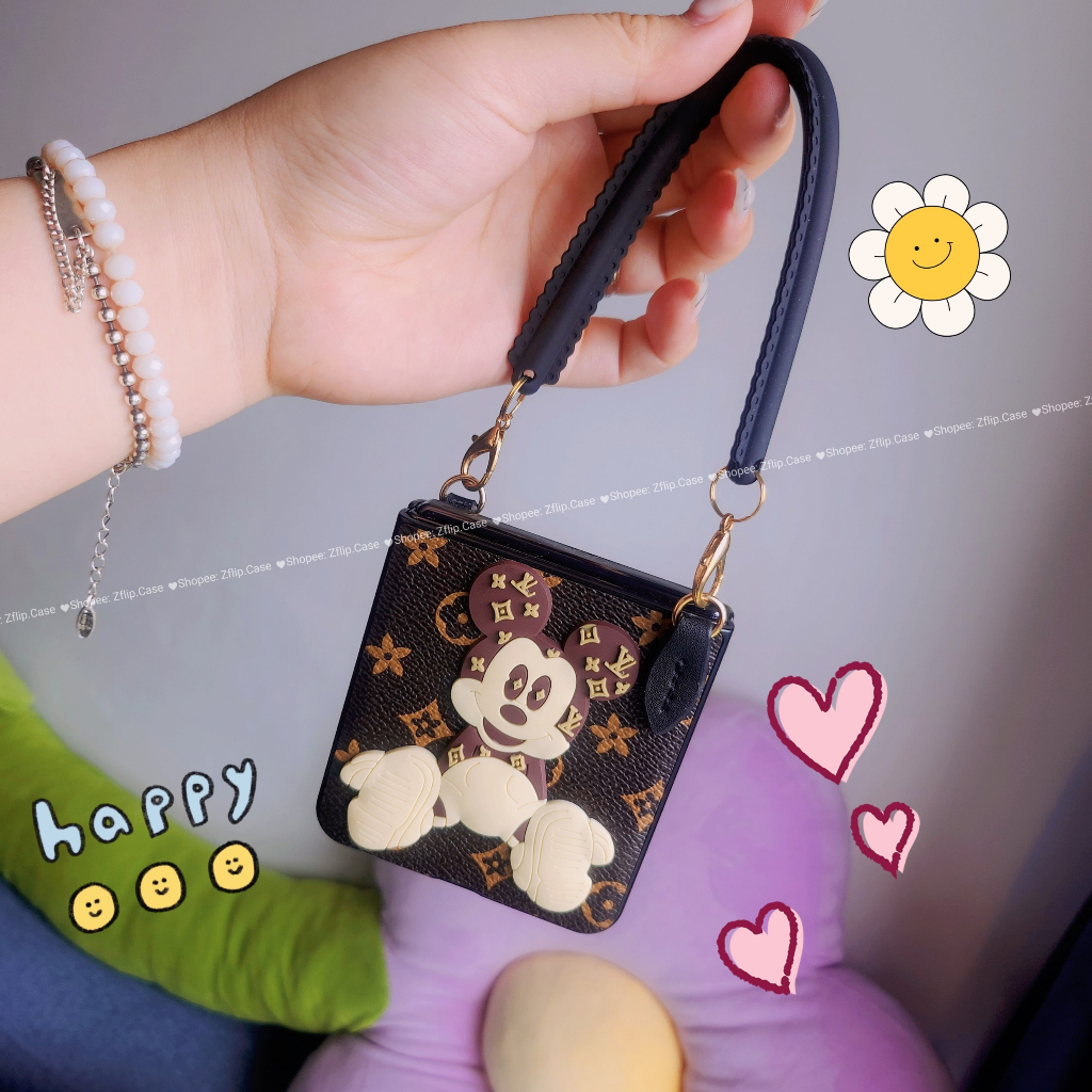 Ốp Lưng OPPO Find N2 Flip Da Hoạ Tiết Mickey Thời Trang Có Đai Và Dây Xách