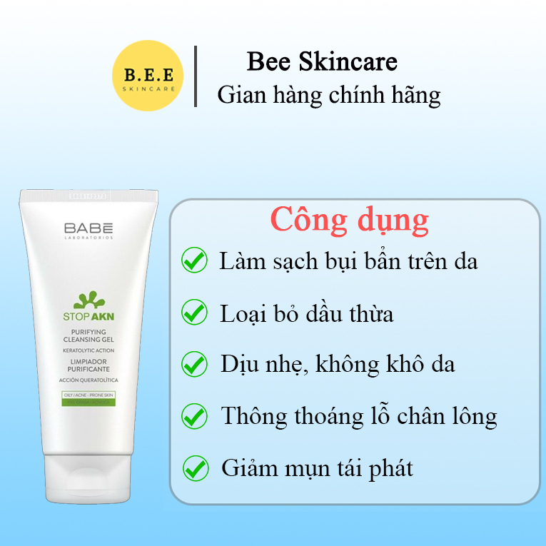 Sửa Rửa Mặt BABE Stop Akn Purifying Cleansing Gel Giảm Mụn, Thu Nhỏ Lỗ Chân Lông, Bee Skincare