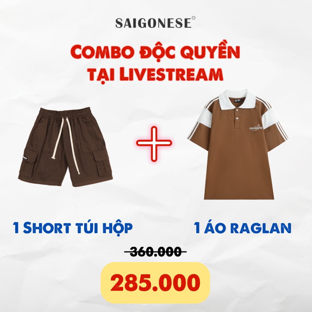 Combo 8 SAIGONESE Áo Polo Stripe Lines Nâu + Short Cargo Túi Hộp Nâu