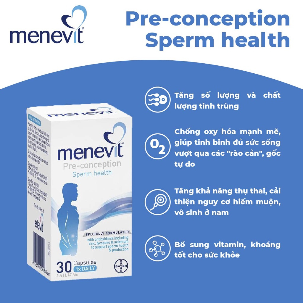 Viên Uống Menevit Úc hỗ trợ tăng chất lượng tinh trùng cho nam 30 viên Úc