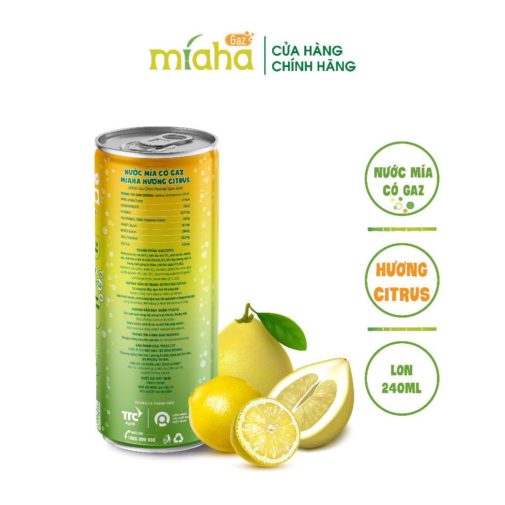 Nước mía có gaz Miaha Gaz hương Citrus 240ml/lon