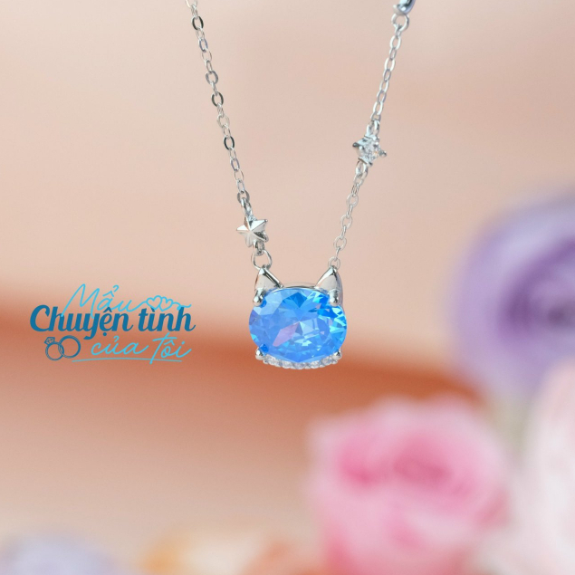 Dây chuyền Pé mèo đá xanh - Dây chuyền bạc 925  - Tặng hộp nhung và khăn lau bạc  Fullbox - Mẩu chuyện tình của tôi