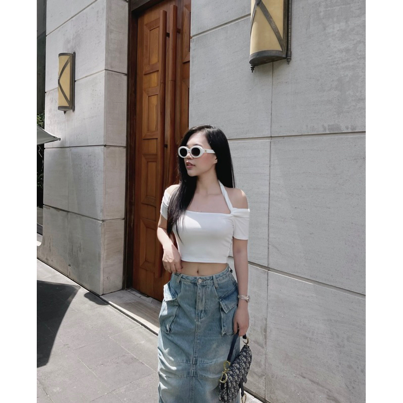 Set Áo Hở Vai Yếm + CV Jeans Túi Hộp Chouchou