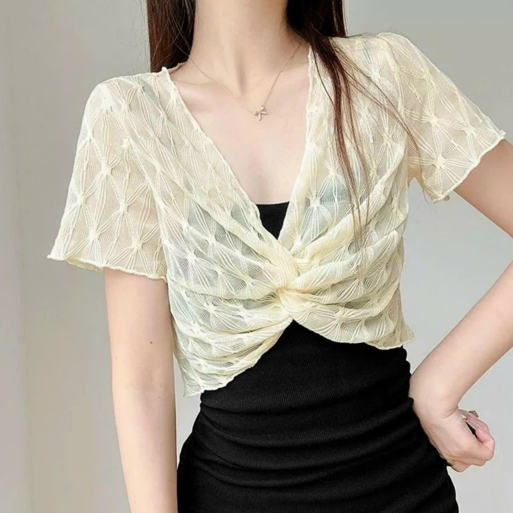 K31. Áo khoác ren dáng croptop thiết kế xoắn eo phối ngoài váy áo 2 dây siêu xinh, áo khoác ren lưới đi biển (có sẵn)