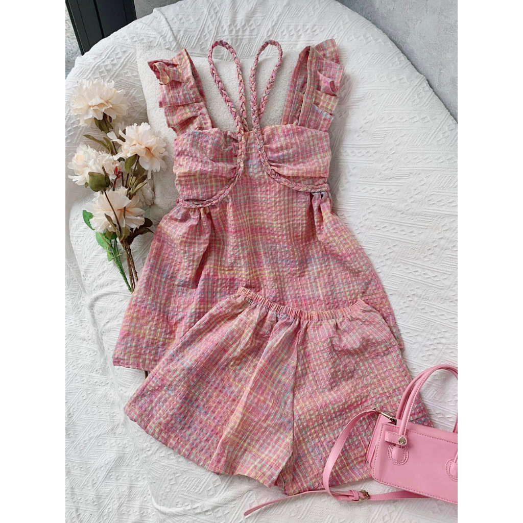 SET BỘ ĐI CHƠI,SET CARO HỒNG HOTTREND TAY CÁNH TIÊN BABYDOLL DỄ THƯƠNG MÙA HÈ
