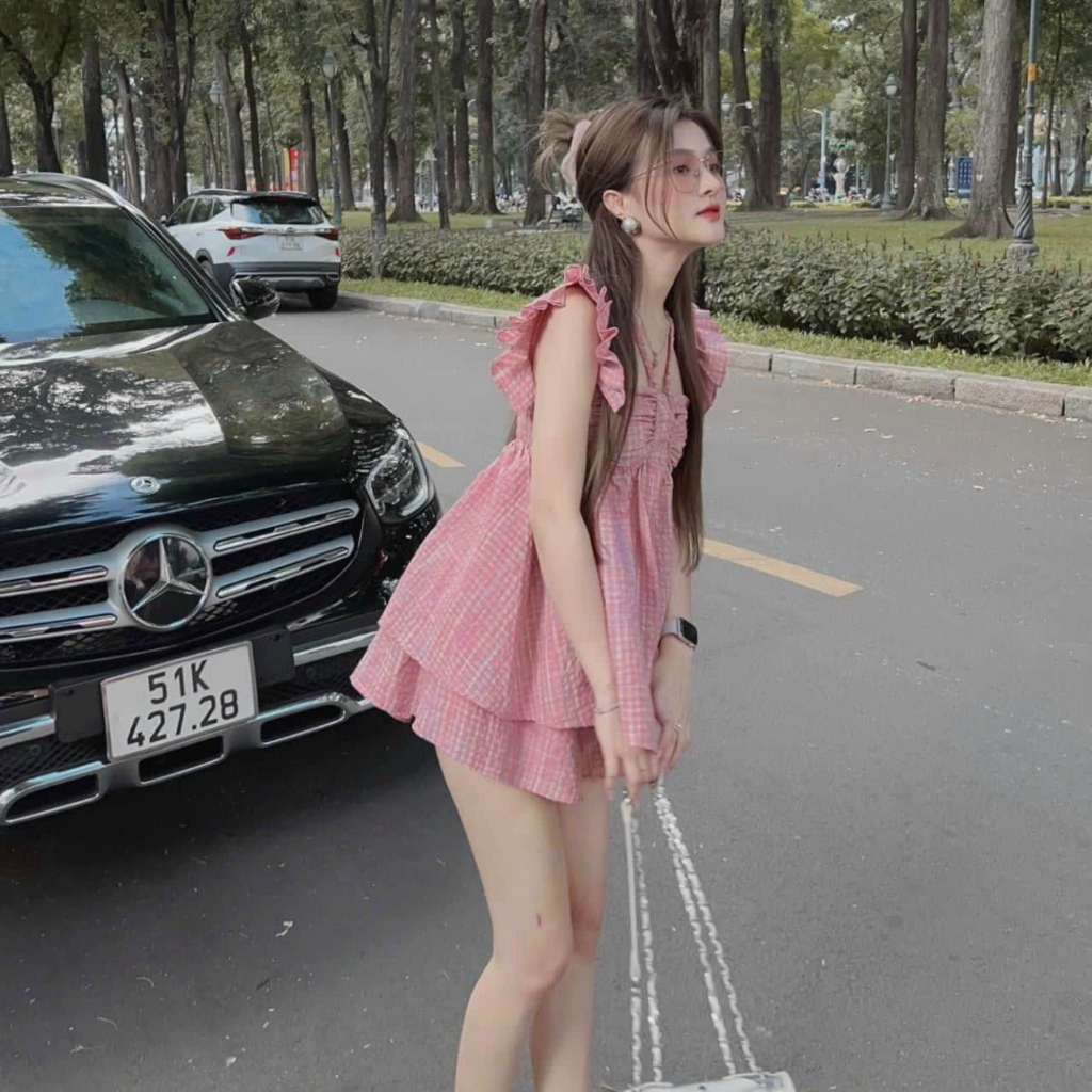 SET BỘ ĐI CHƠI,SET CARO HỒNG HOTTREND TAY CÁNH TIÊN BABYDOLL DỄ THƯƠNG MÙA HÈ