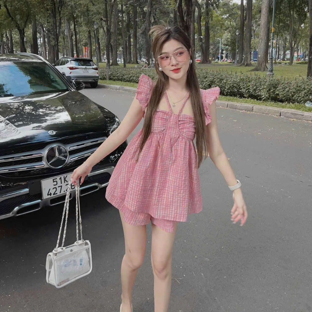 SET BỘ ĐI CHƠI,SET CARO HỒNG HOTTREND TAY CÁNH TIÊN BABYDOLL DỄ THƯƠNG MÙA HÈ