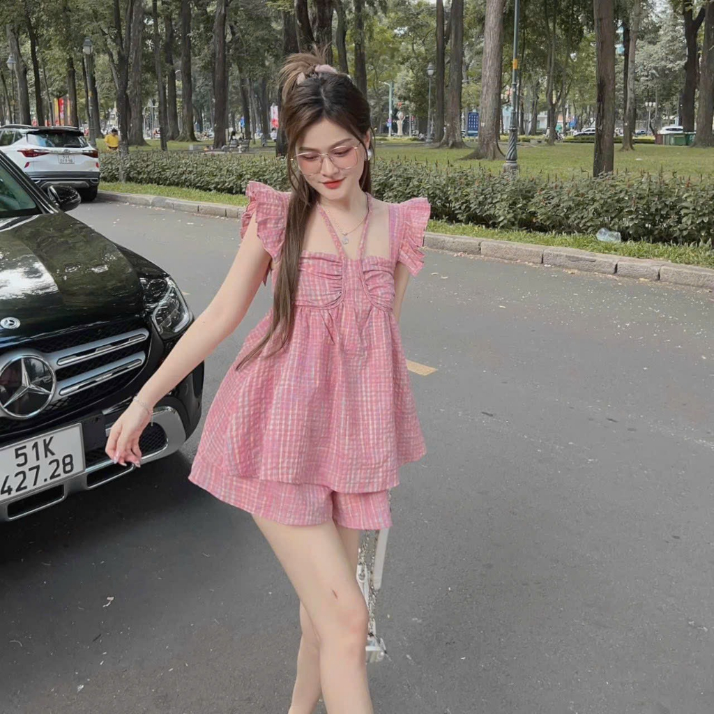 SET BỘ ĐI CHƠI,SET CARO HỒNG HOTTREND TAY CÁNH TIÊN BABYDOLL DỄ THƯƠNG MÙA HÈ