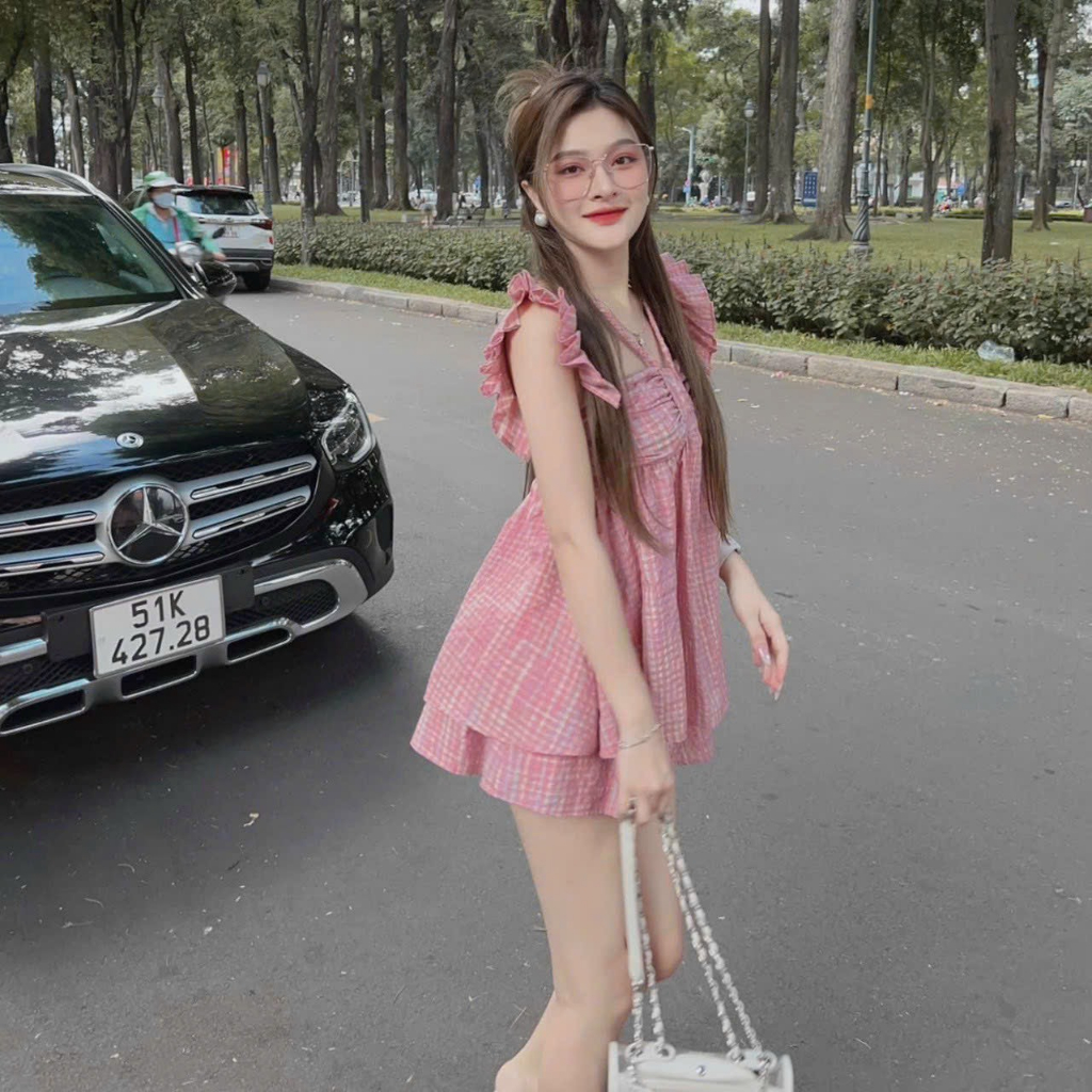 SET BỘ ĐI CHƠI,SET CARO HỒNG HOTTREND TAY CÁNH TIÊN BABYDOLL DỄ THƯƠNG MÙA HÈ