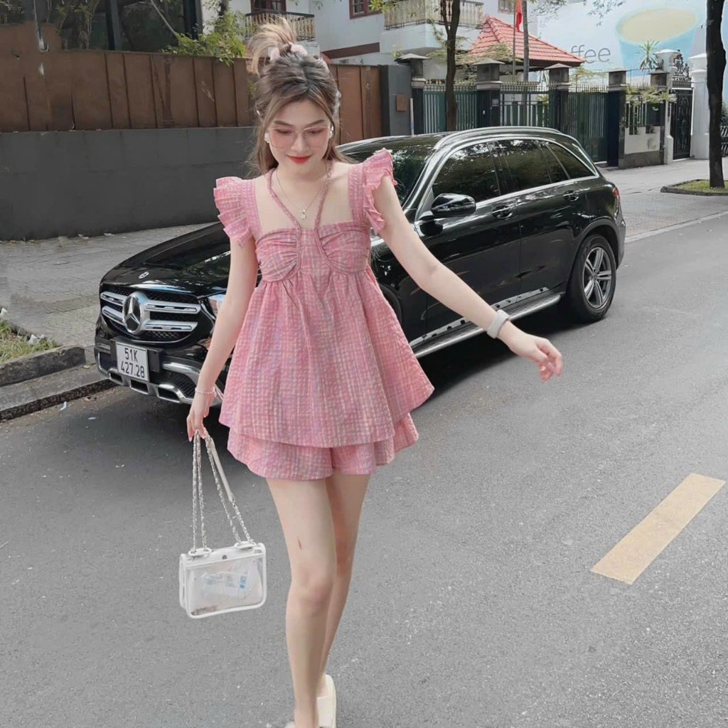 SET BỘ ĐI CHƠI,SET CARO HỒNG HOTTREND TAY CÁNH TIÊN BABYDOLL DỄ THƯƠNG MÙA HÈ