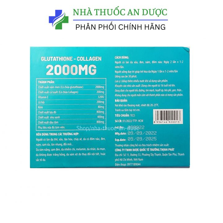 Viên uống trắng da GLUTATHIONE – COLLAGEN 2000 mg giúp đẹp da, giảm nám và tàn nhang hộp 30 viên