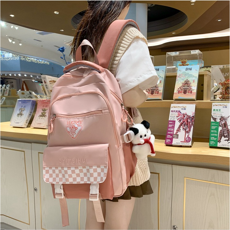 Balo cỡ lớn nhiều ngăn Happy họa tiết caro - Cặp sách đi học siêu chống nước phong cách Unisex cho cả nam nữ đẹp độc rẻ