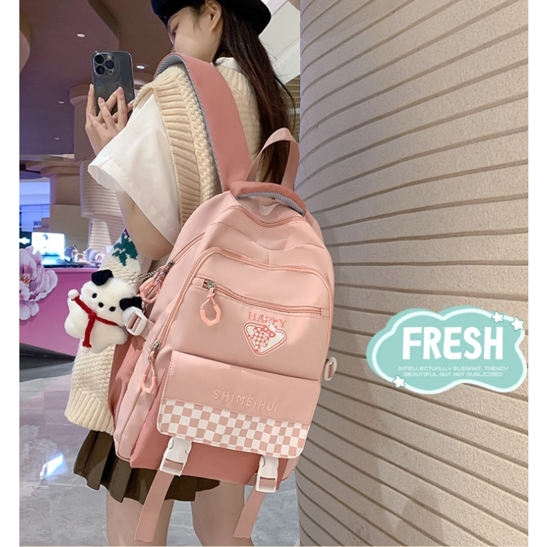 Balo cỡ lớn nhiều ngăn Happy họa tiết caro - Cặp sách đi học siêu chống nước phong cách Unisex cho cả nam nữ đẹp độc rẻ