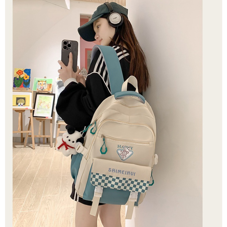 Balo cỡ lớn nhiều ngăn Happy họa tiết caro - Cặp sách đi học siêu chống nước phong cách Unisex cho cả nam nữ đẹp độc rẻ
