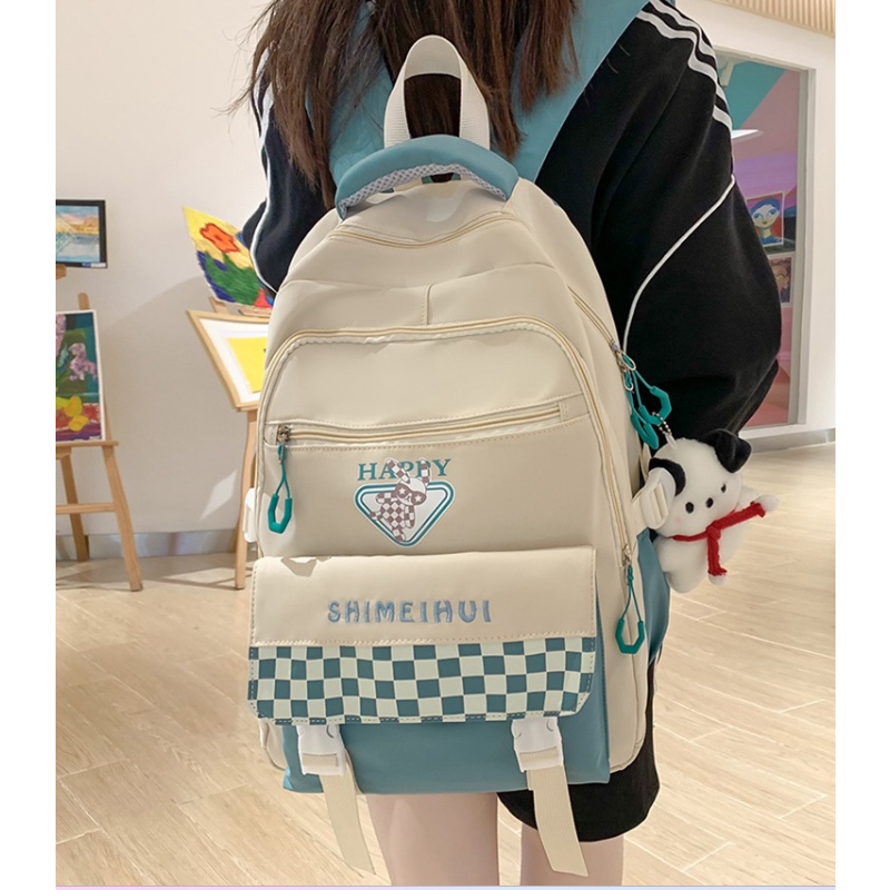 Balo cỡ lớn nhiều ngăn Happy họa tiết caro - Cặp sách đi học siêu chống nước phong cách Unisex cho cả nam nữ đẹp độc rẻ