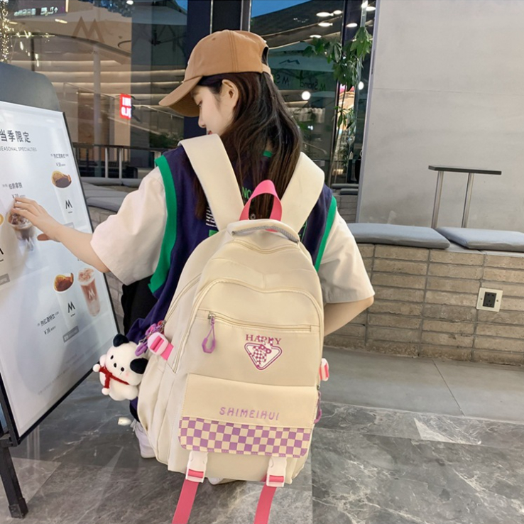 Balo cỡ lớn nhiều ngăn Happy họa tiết caro - Cặp sách đi học siêu chống nước phong cách Unisex cho cả nam nữ đẹp độc rẻ