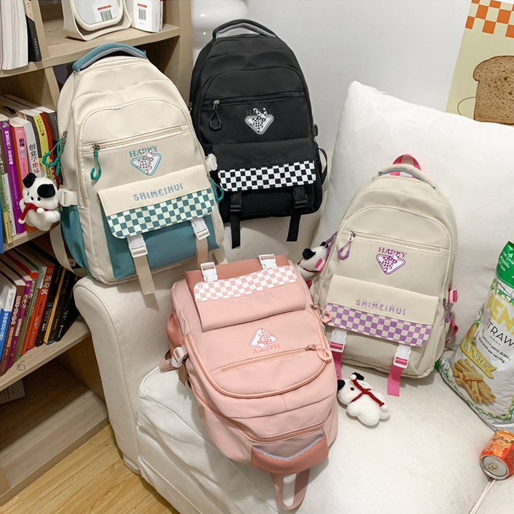 Balo cỡ lớn nhiều ngăn Happy họa tiết caro - Cặp sách đi học siêu chống nước phong cách Unisex cho cả nam nữ đẹp độc rẻ