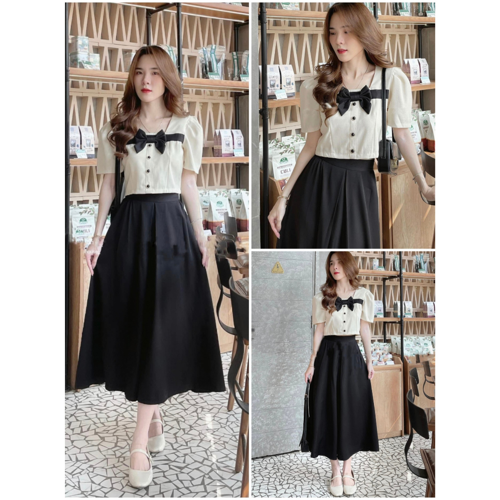 ( Ảnh thật): Set váy đồ bộ nữ áo croptop nơ ngực tiểu thư+ chân váy dài midi màu đen chữ A LOLLAYE