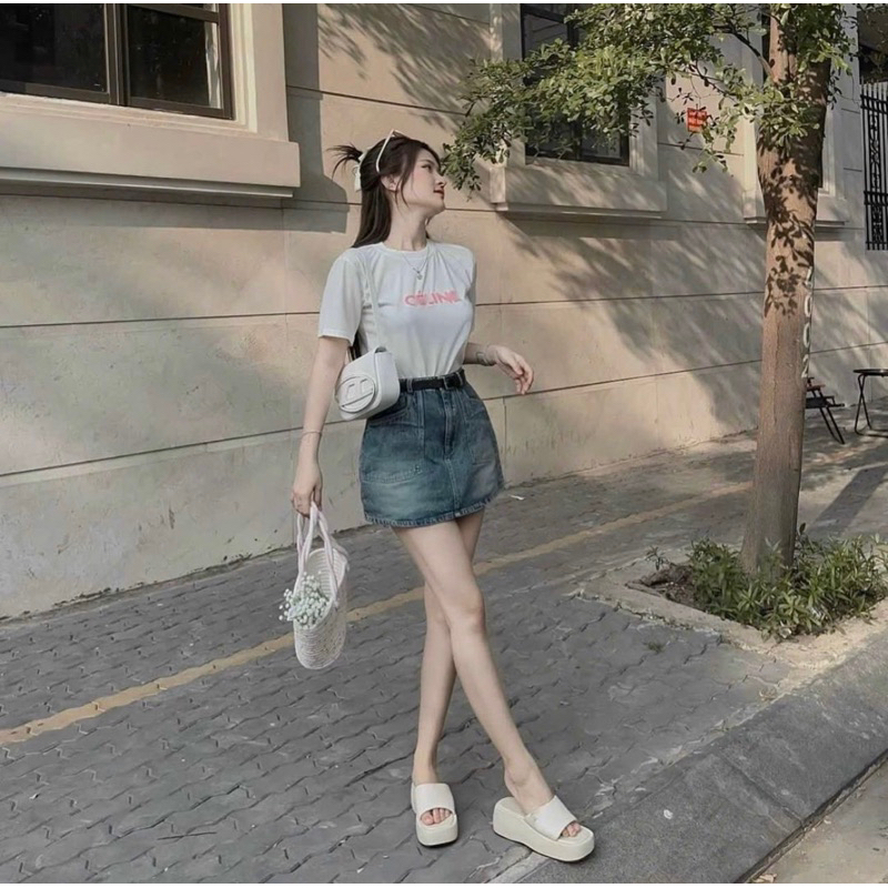 Hion Store - Set áo pull chữ CELINE hồng + cv jean