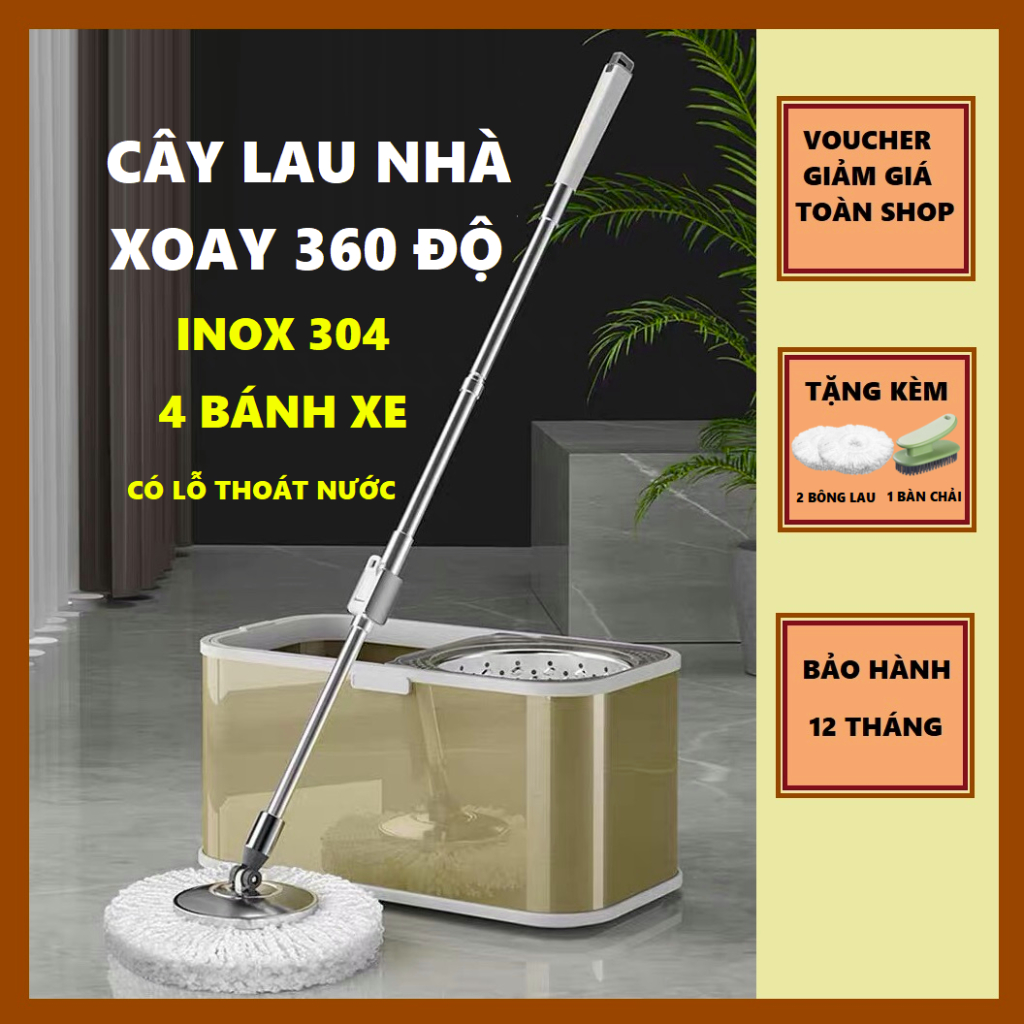 Cây Lau Nhà Inox 304, Chổi Lau Nhà Tự Vắt, Tặng Kèm 2 Bông Lau Và Bàn Chải Quần Áo - Ss01