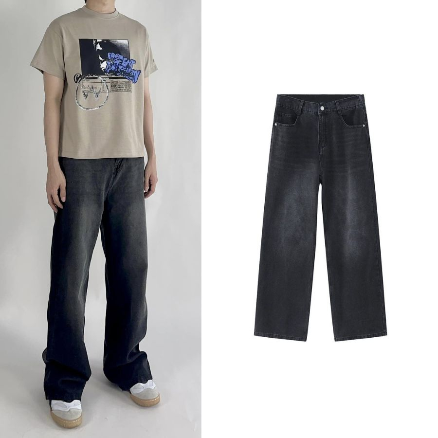 Quần Jean Ống Rộng Unisex Nam Nữ Màu Xám Đen Dark Grey Wash V.1