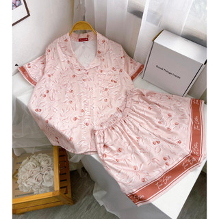 Bộ mặc nhà Pyjama lụa cộc Tea Store họa tiết cherry