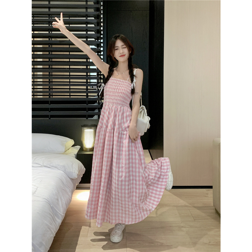 Đầm nữ hai dây Hàn Quốc, Váy hai dây kẻ caro dáng dài tiểu thư từ 40 đến 60kg
