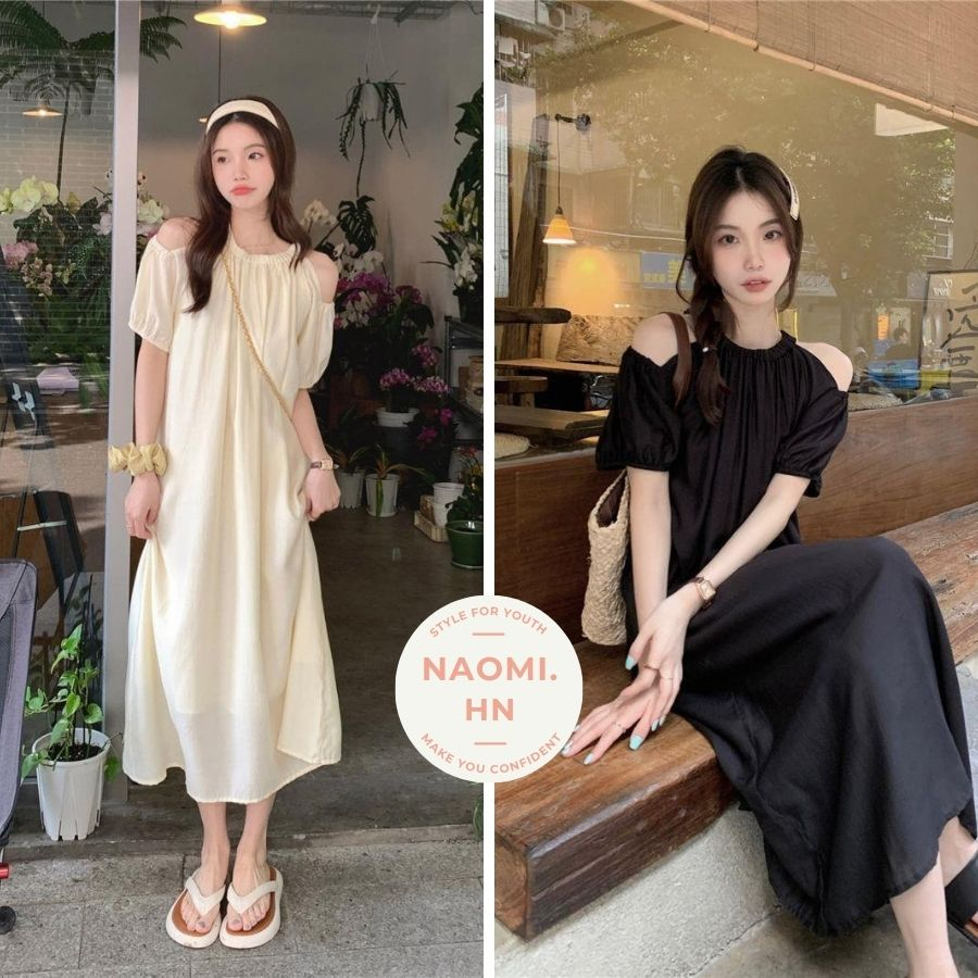 Váy dáng dài maxi chất tơ cổ yếm 2 lớp dày dặn. Đầm rộng dáng dài cổ yếm khoét vai suông dài tay bo.