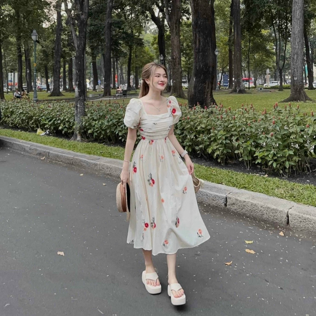 Đầm váy nữ họa tiết hoa ngực xếp tầng siêu xinh cho nàng thơ đi dã ngoại