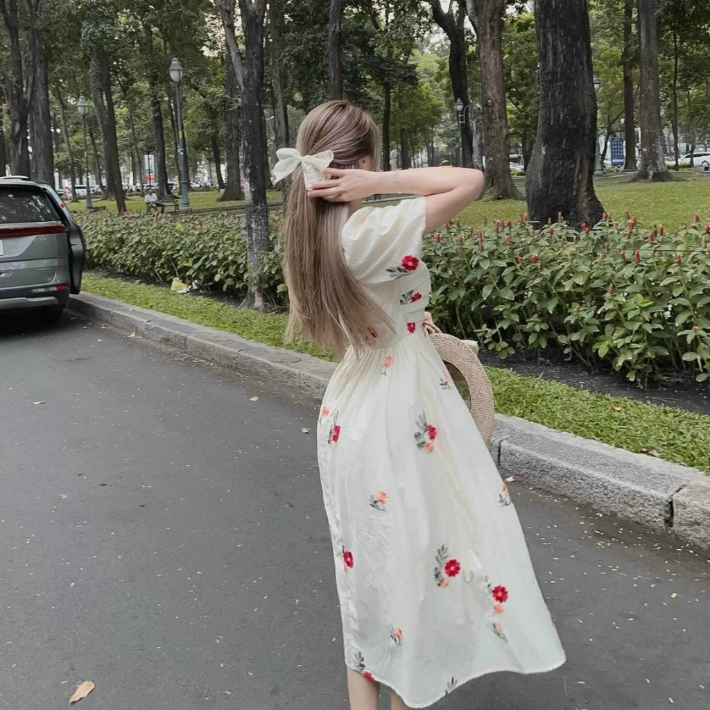 Đầm váy nữ họa tiết hoa ngực xếp tầng siêu xinh cho nàng thơ đi dã ngoại