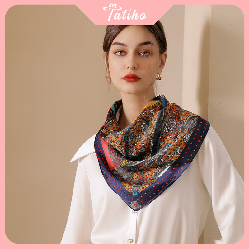 Khăn lụa vuông unisex, Khăn turban làm áo chất chiffon họa tiết yên ngựa phối viền chấm bi sang trọng 70x70cm - Mã KL056