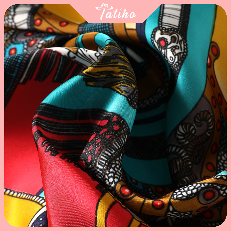 Khăn lụa vuông unisex, Khăn turban làm áo chất chiffon họa tiết yên ngựa phối viền chấm bi sang trọng 70x70cm - Mã KL056